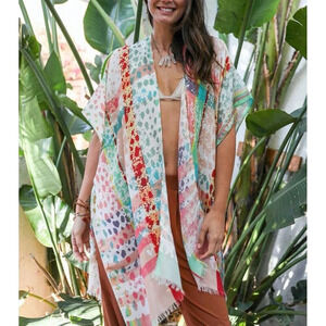 Colorful Splatter Kimono Womens Swim Coverup Open Size Artsy Lagenlook S-XXL